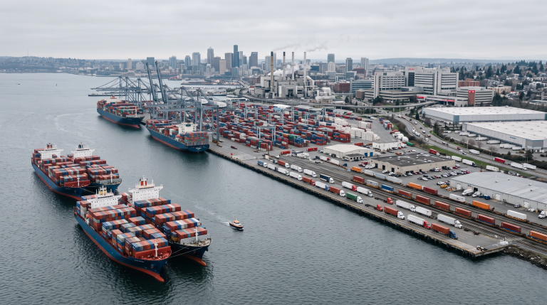 Container ships waiting outside a congested port as cargo, trucks and rail shipments back up